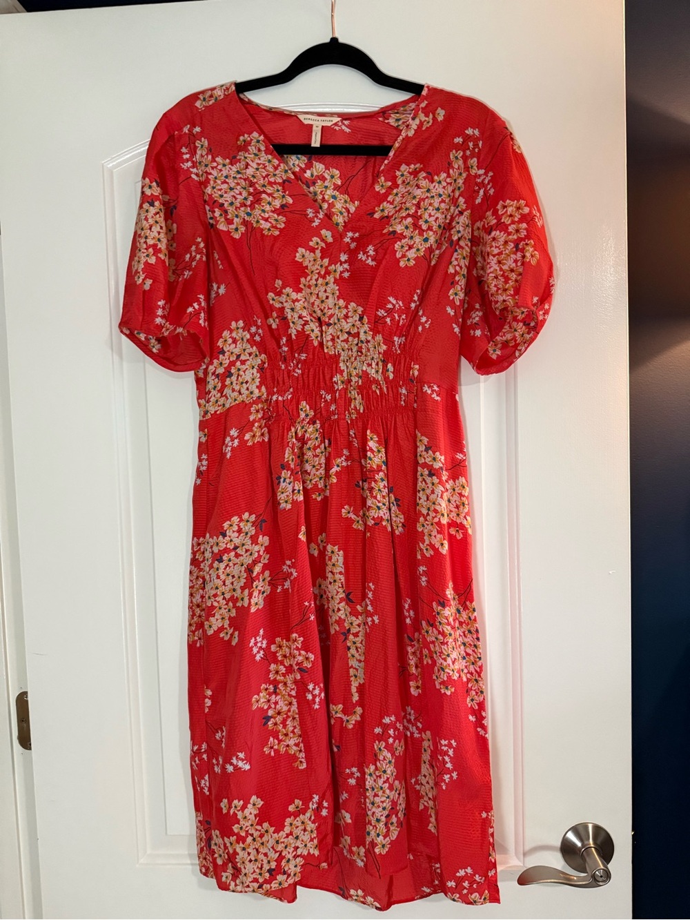 Rebecca Taylor 100% Silk Floral Dress Size 10 Pink Coral Smocked Waist
